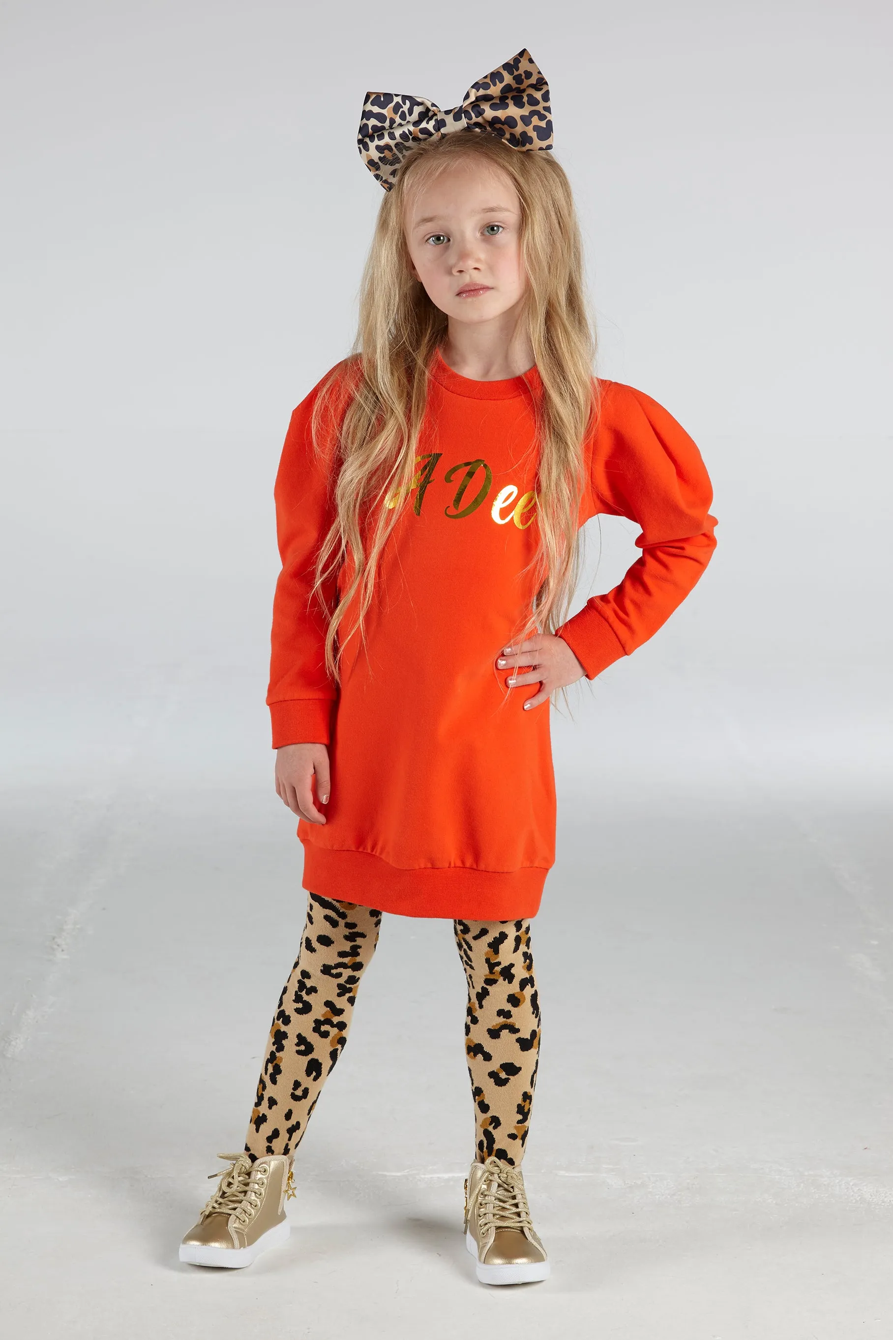 AW21 A Dee Girls Tonya Orange Puff Shoulder Sweat Dress