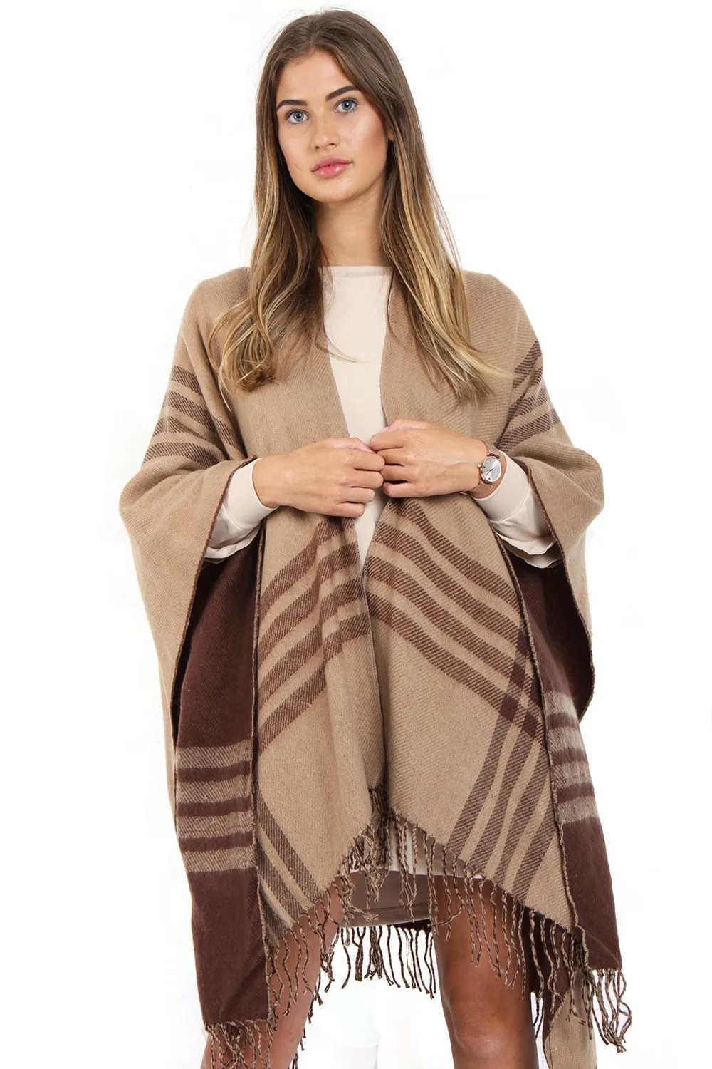 Beige And Brown Check Reversible Tassel Trim Blanket Cape