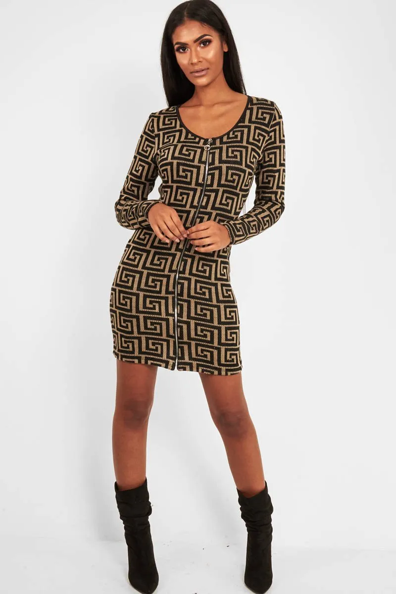 Beige Black Repeat Pattern Knit Dress - Lauralie