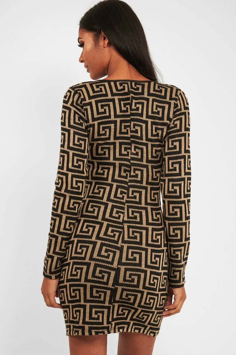 Beige Black Repeat Pattern Knit Dress - Lauralie