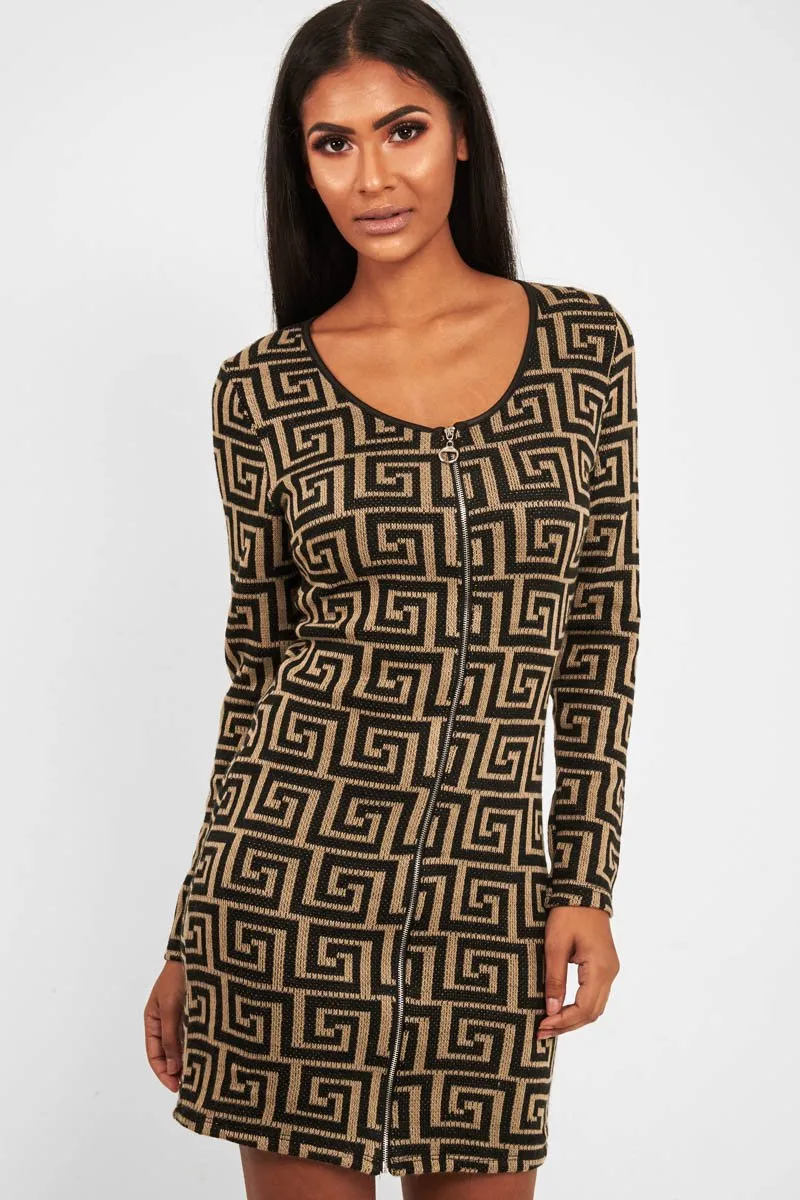 Beige Black Repeat Pattern Knit Dress - Lauralie