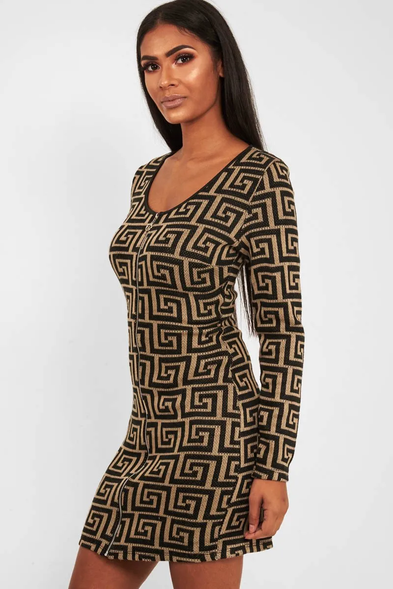 Beige Black Repeat Pattern Knit Dress - Lauralie