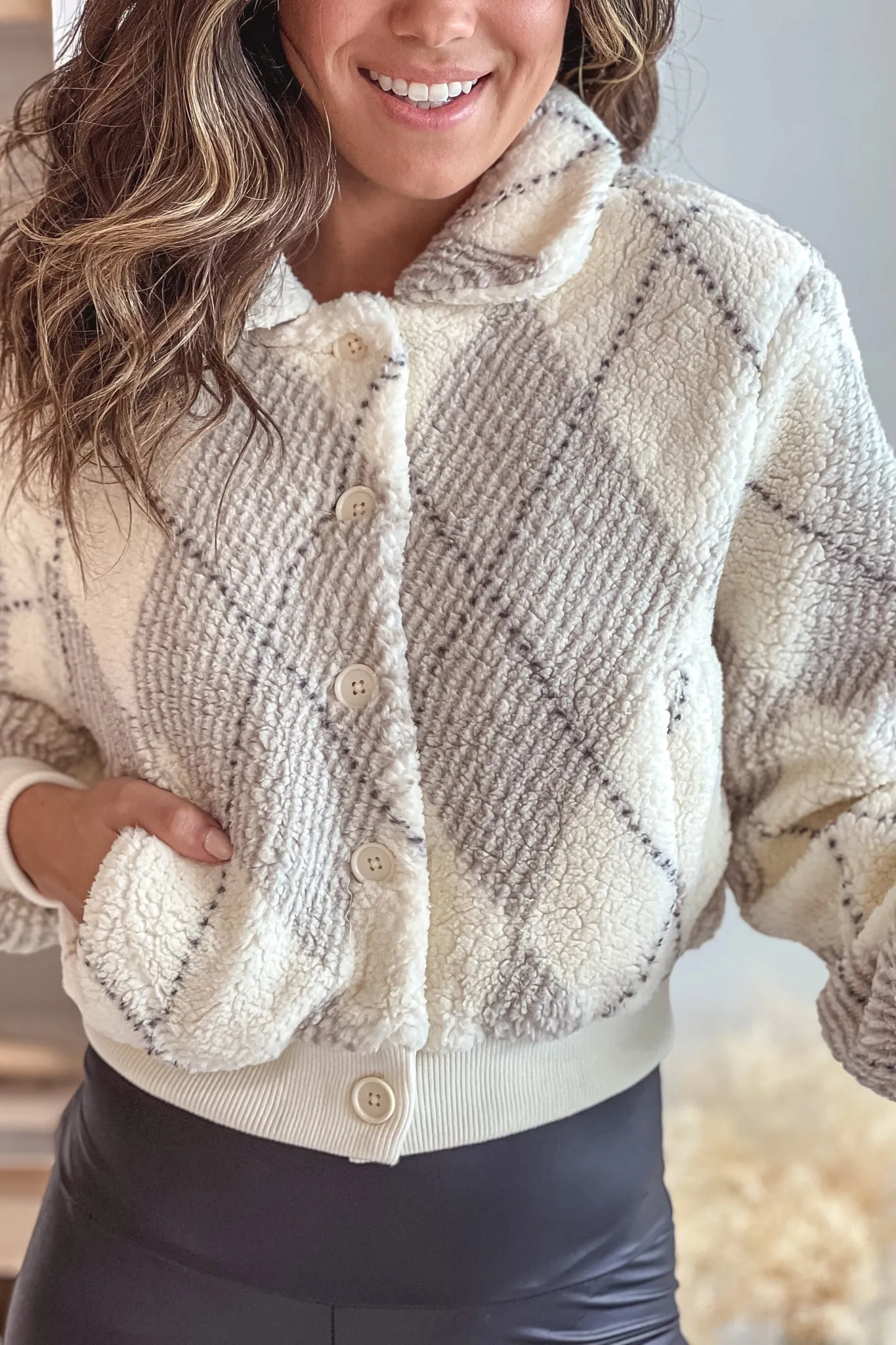 Beige Plaid Sherpa Cropped Jacket