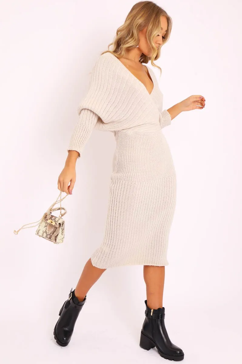 Beige Wrap Front Knit Midi Dress - Edan