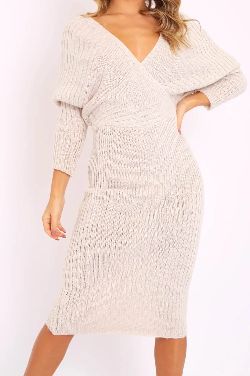 Beige Wrap Front Knit Midi Dress - Edan