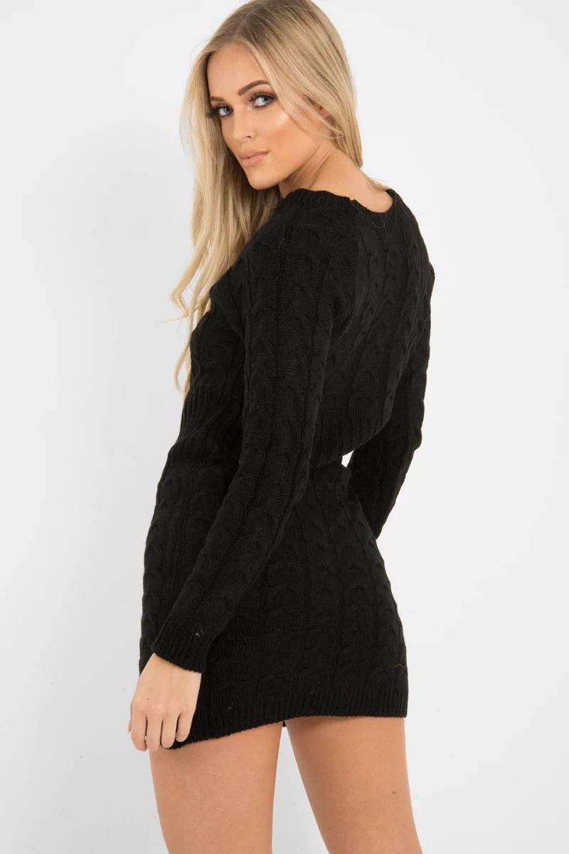 Black Cable Knit Jumper Midi Dress - Jaylie