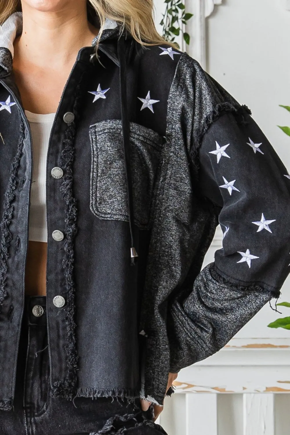 Black Denim Jacket Star Embroidered With Hood 100% Cotton Luxury Women’s Outerwear