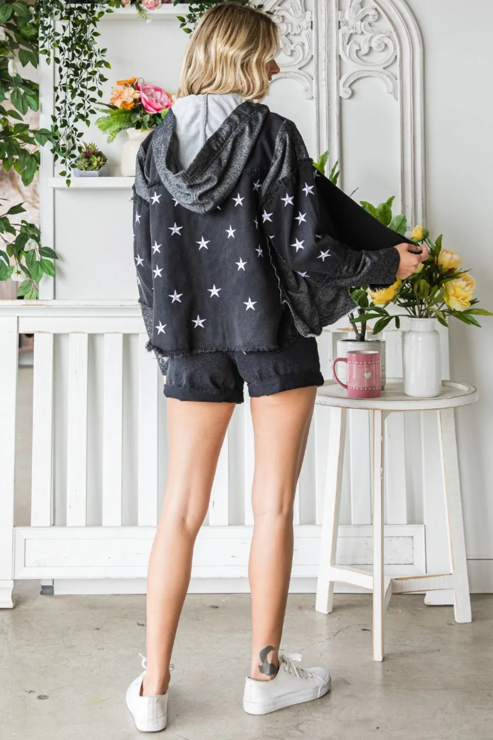 Black Denim Jacket Star Embroidered With Hood 100% Cotton Luxury Women’s Outerwear