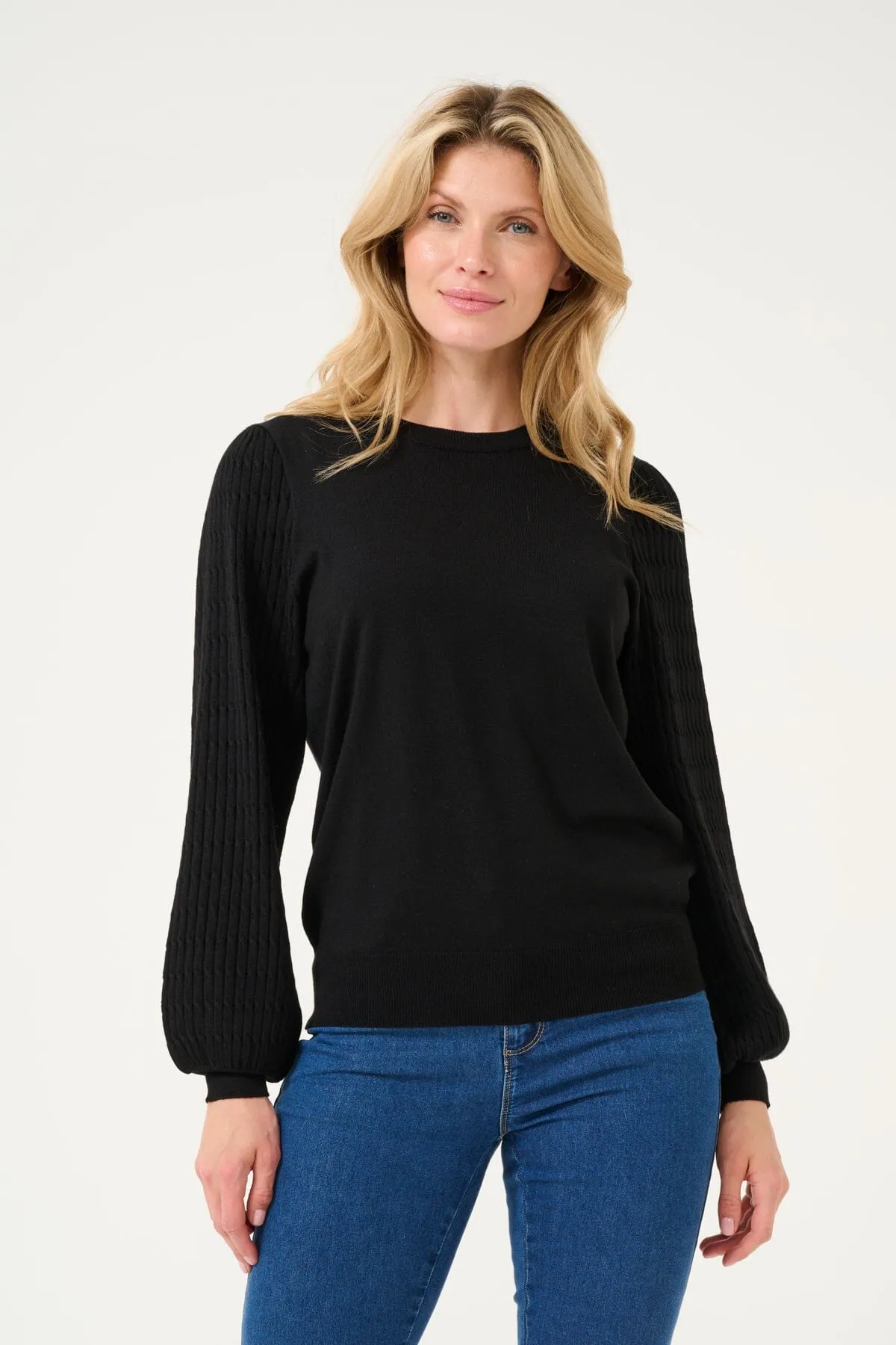 BLACK DETAILED SLEEVE CREW NECK SWEATER