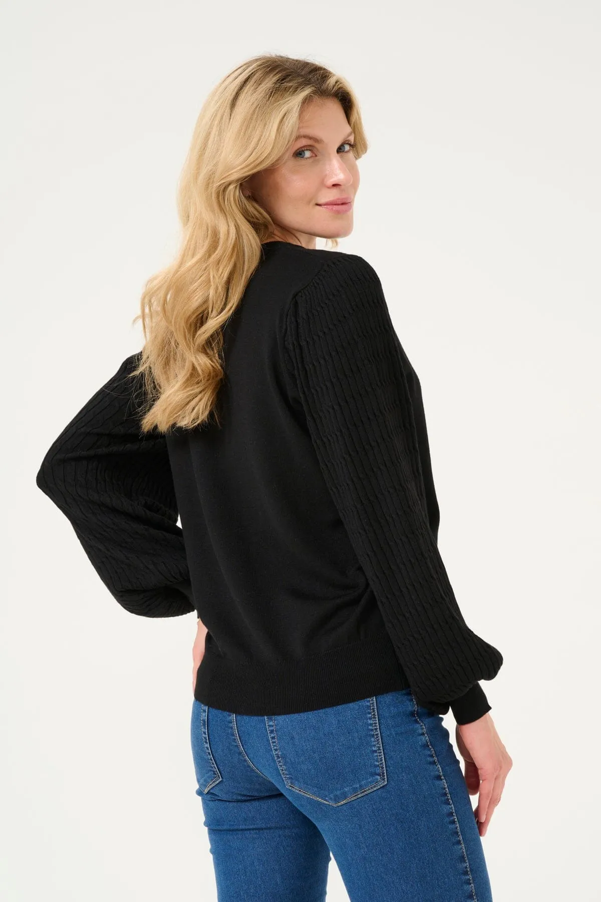 BLACK DETAILED SLEEVE CREW NECK SWEATER