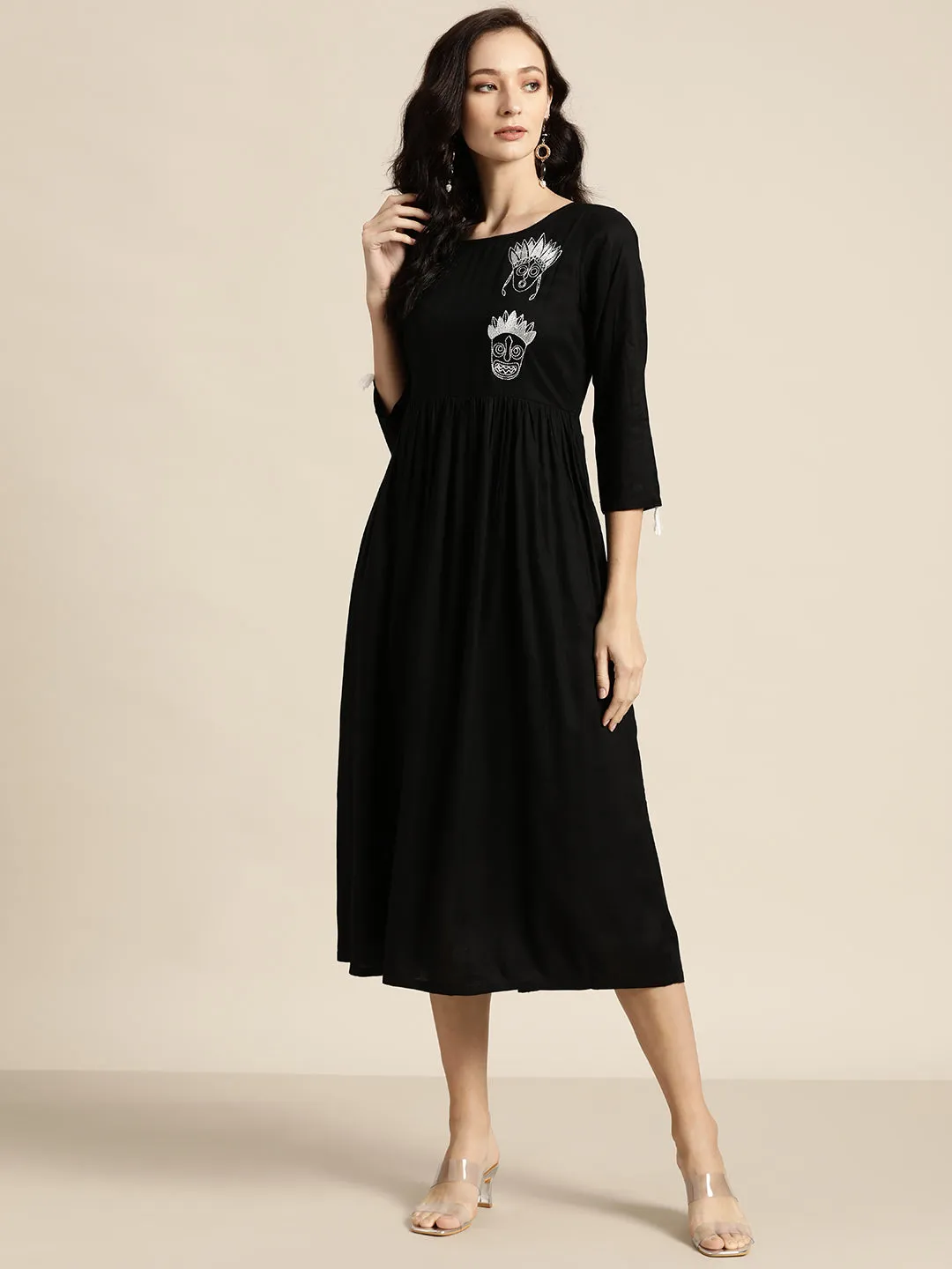 Black Face Motif Embroidered Liva Dress