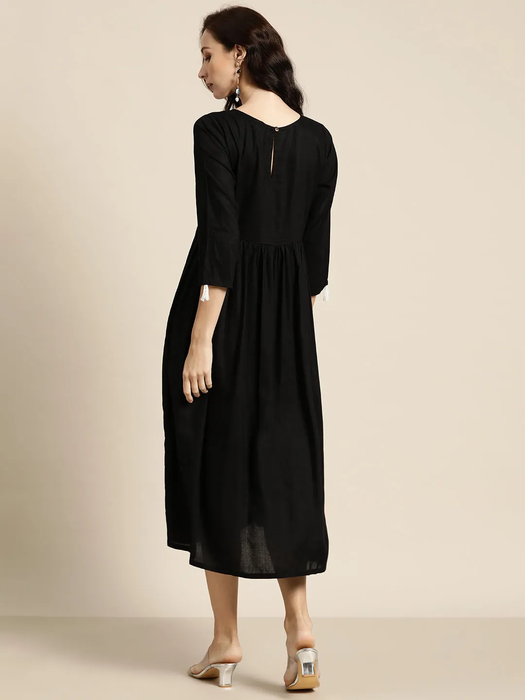 Black Face Motif Embroidered Liva Dress