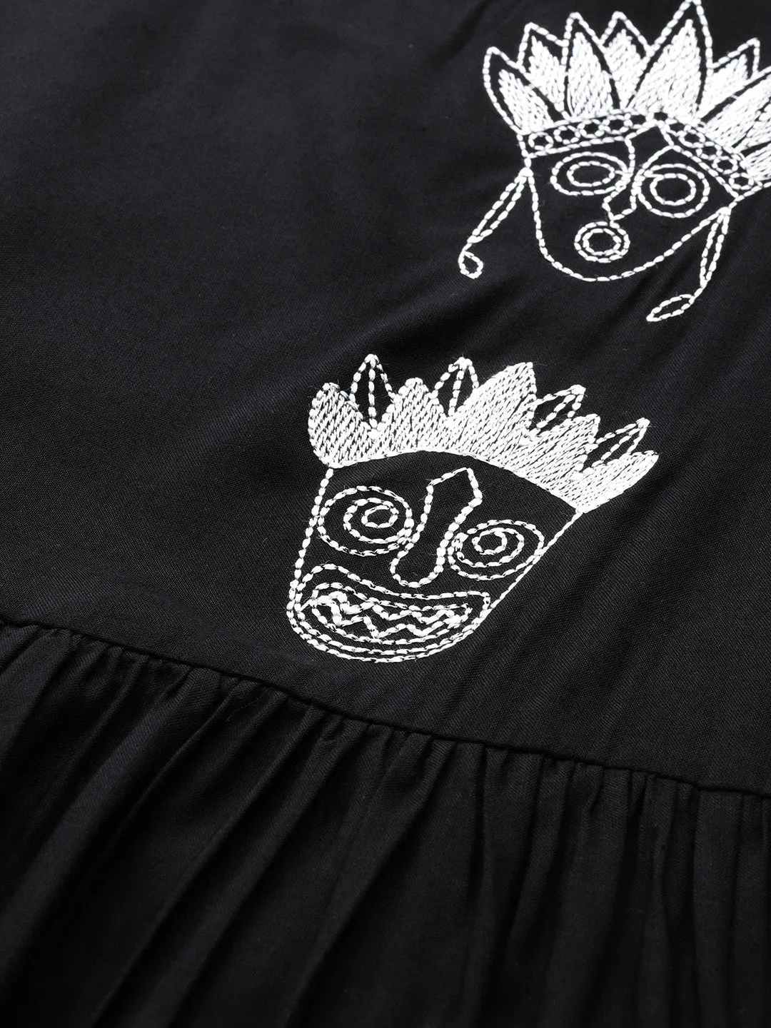 Black Face Motif Embroidered Liva Dress