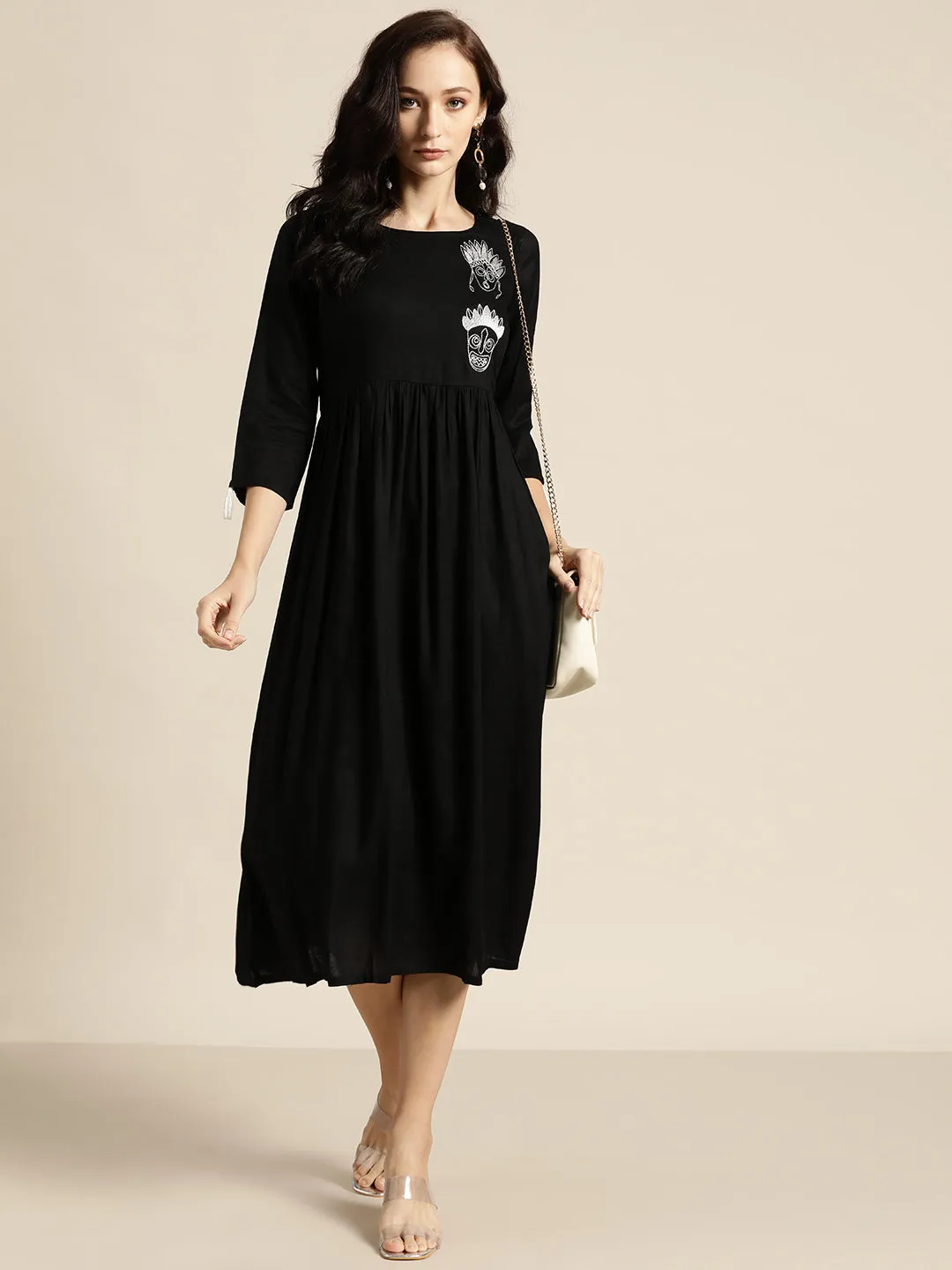 Black Face Motif Embroidered Liva Dress