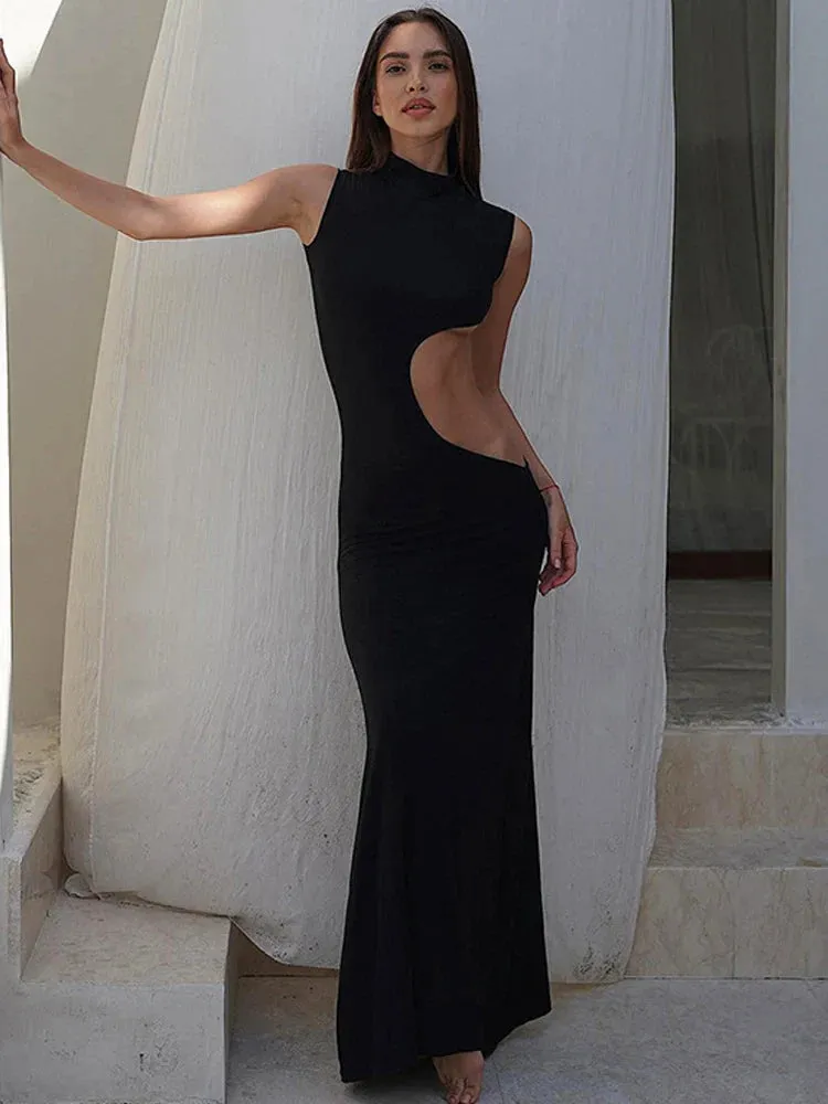 Black Hollow Out Sleeveless High Waist Bodycon Evening Party Maxi Dress