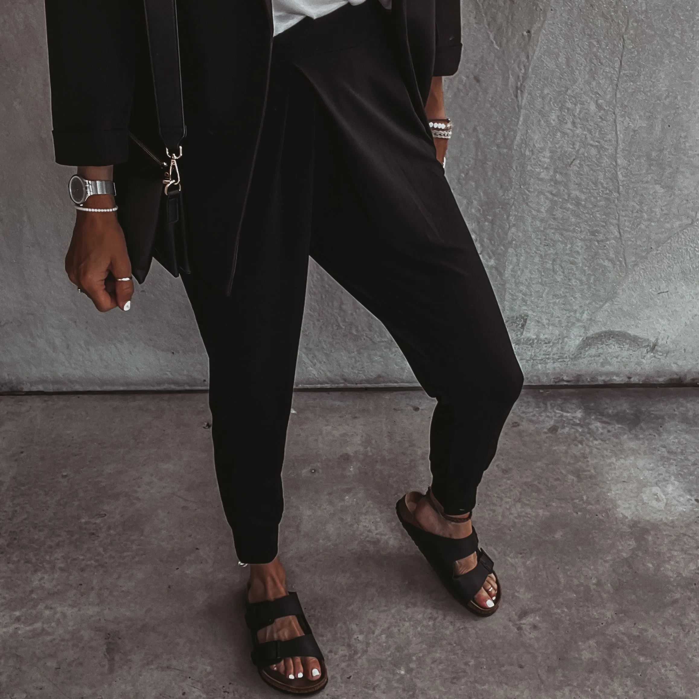 Black jersey Geraldine crepe crossover harem joggers