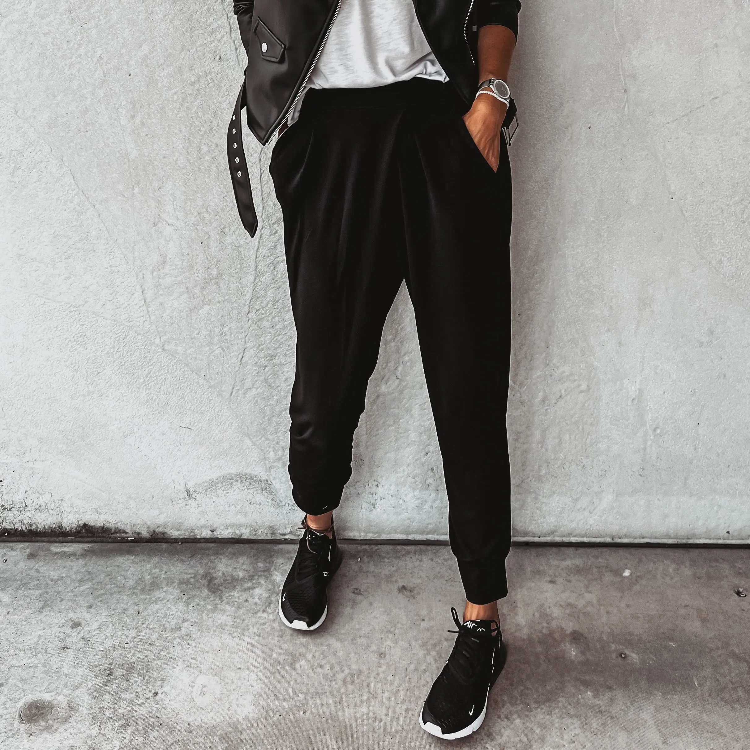 Black jersey Geraldine crepe crossover harem joggers