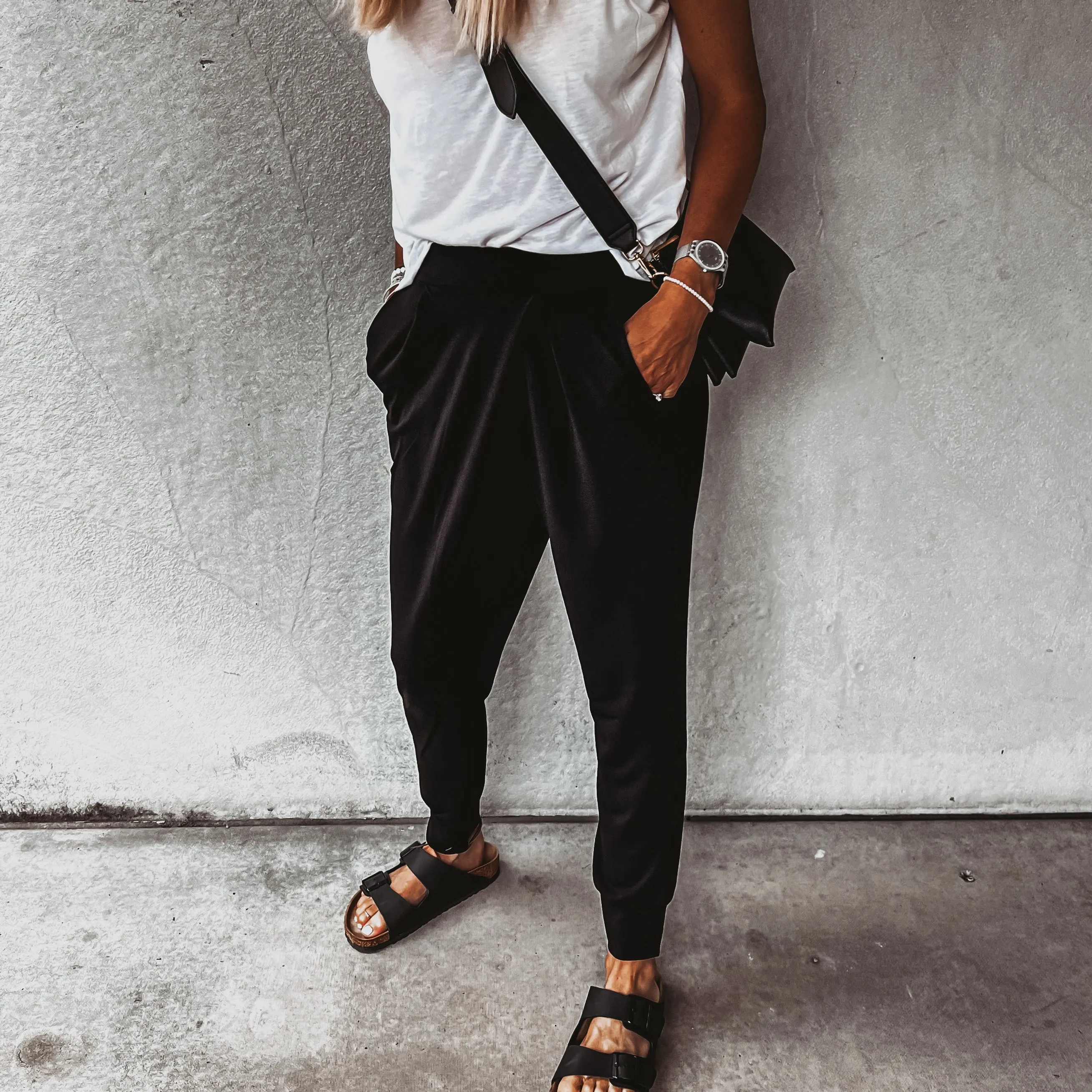 Black jersey Geraldine crepe crossover harem joggers