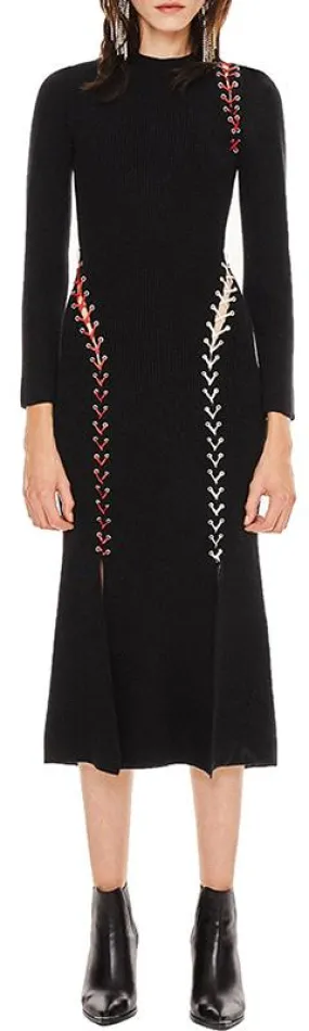 Black Knit Color-Contrast Lace-up Dress