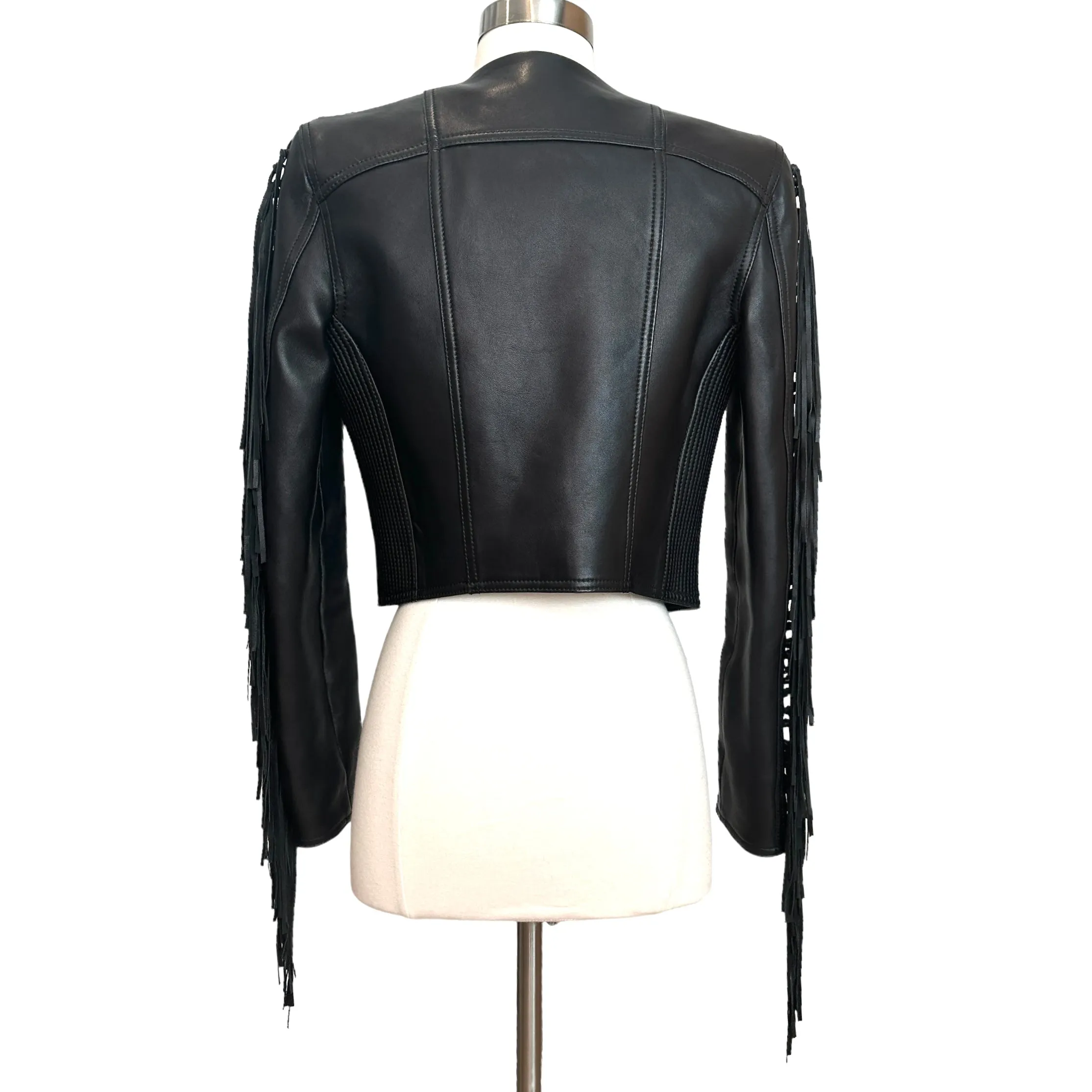 Black Leather Fringes Jacket - S