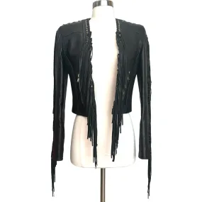 Black Leather Fringes Jacket - S