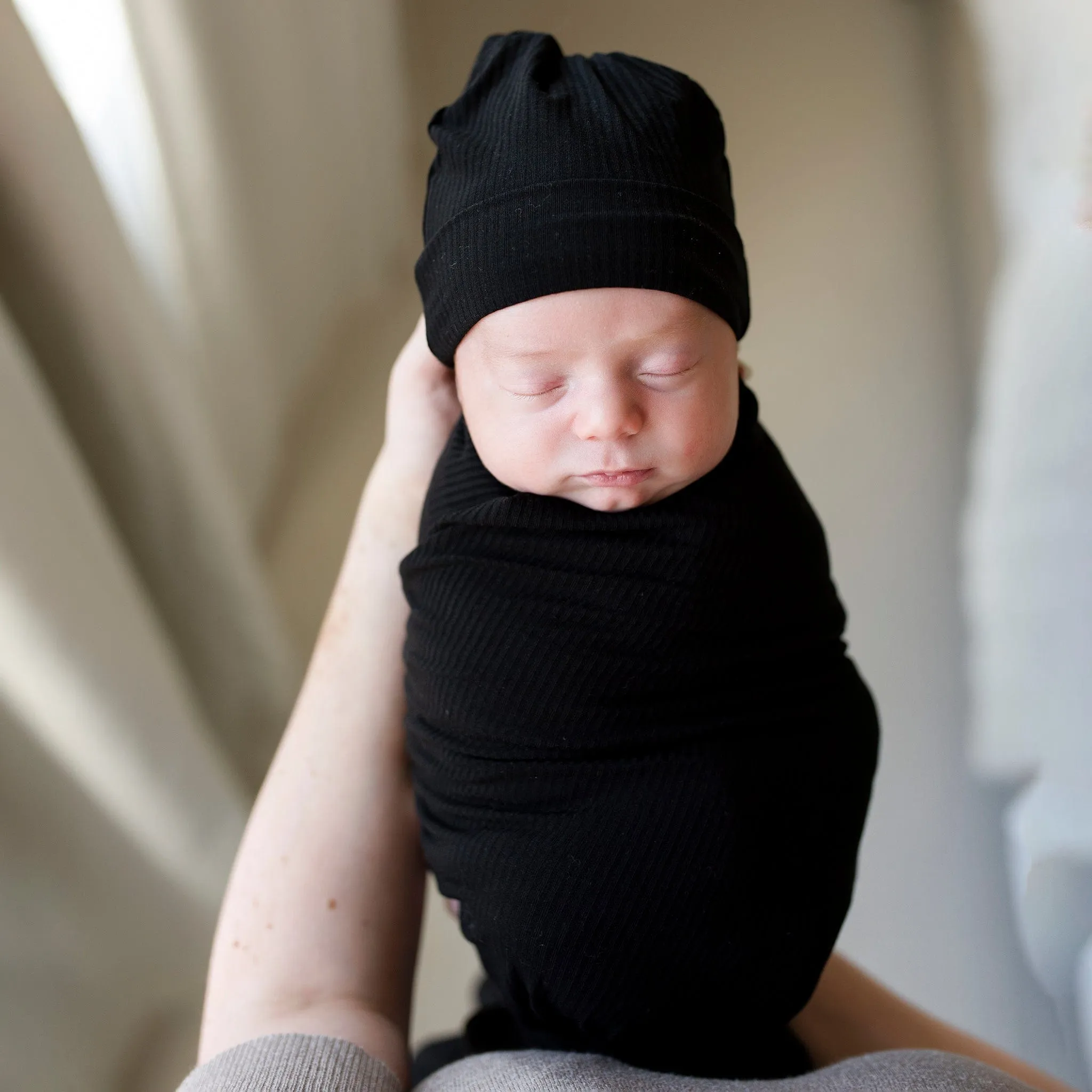 Black Ribbed Swaddle Beanie Set