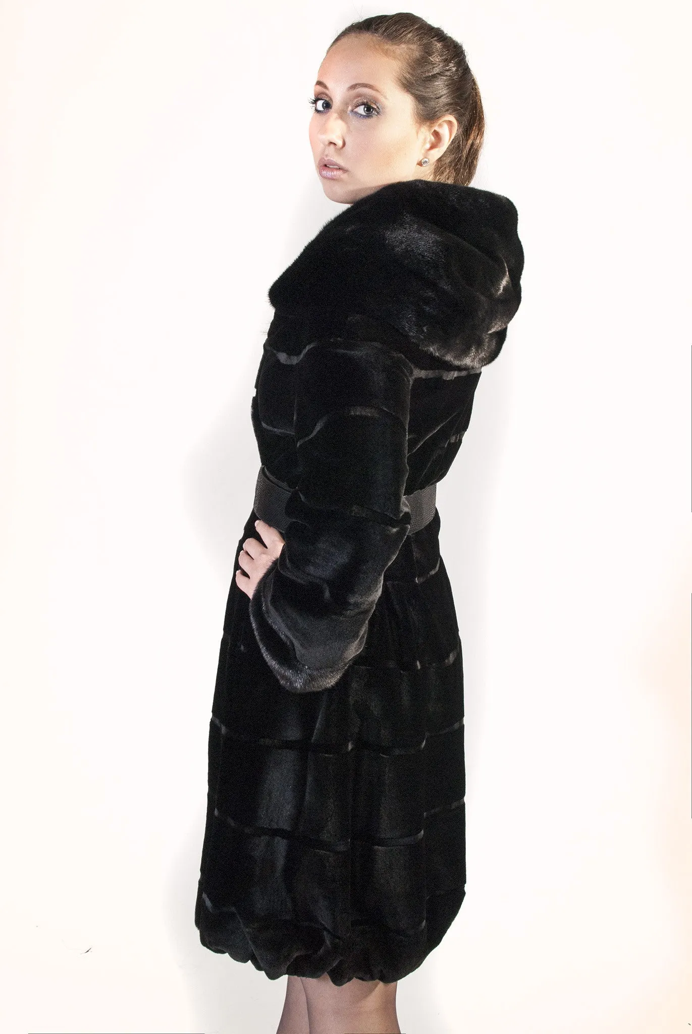 Black Sheared Mink Coat with Belt and Grooved Pattern