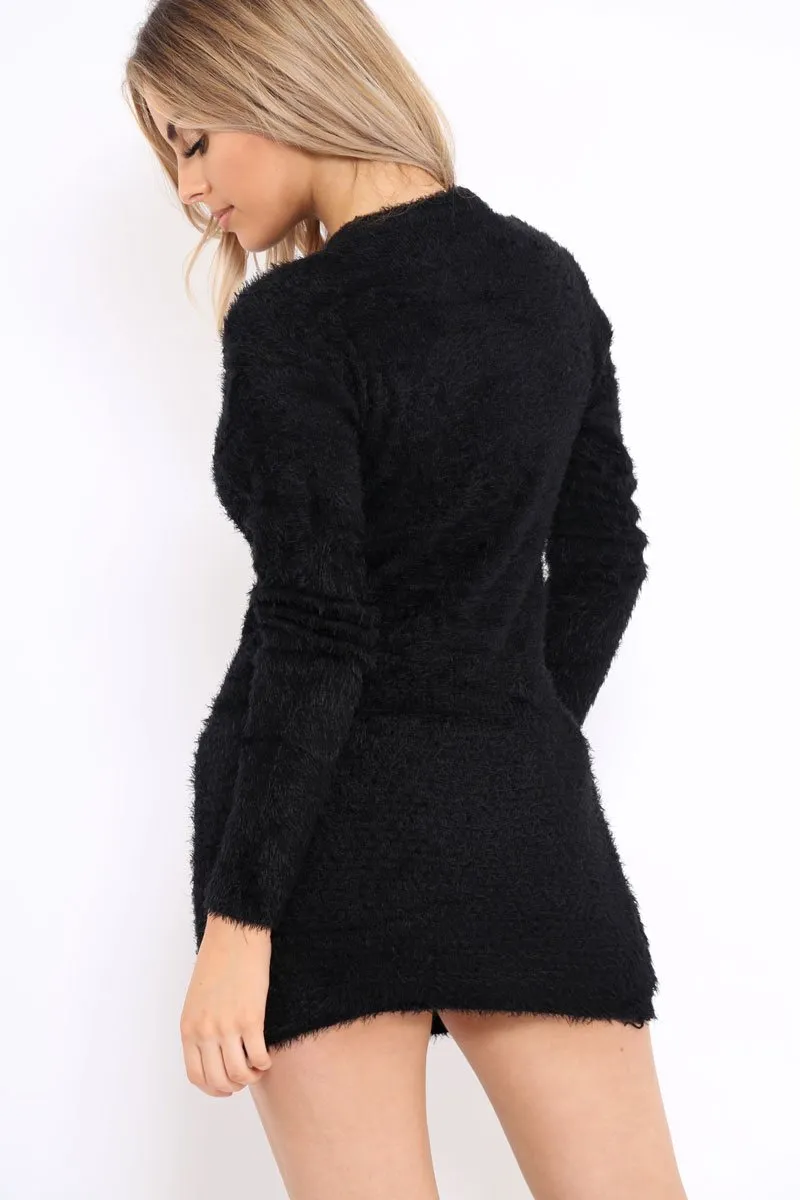 Black Soft Fur Knit Jumper Dress - Beck