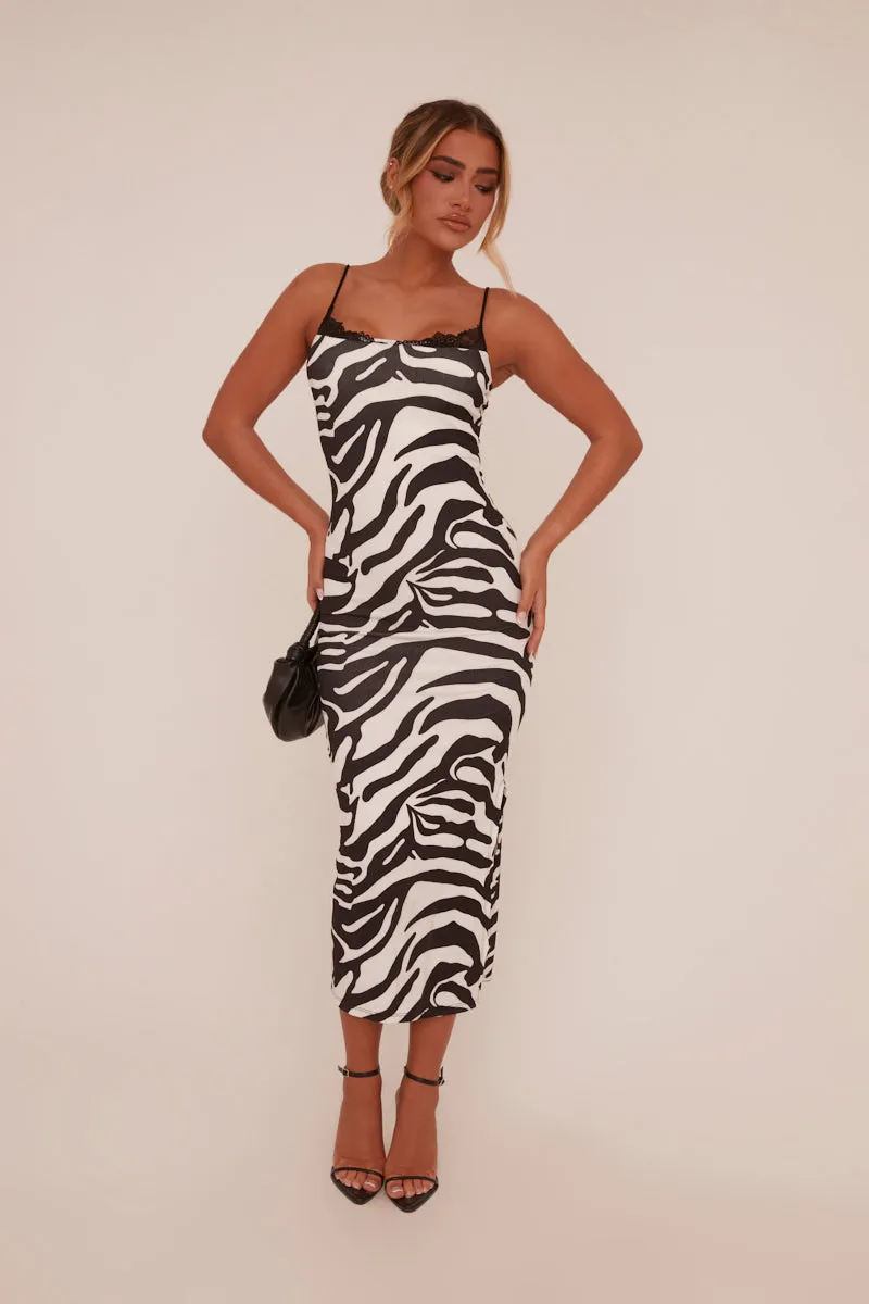 Black Zebra Print Lace Trim Maxi Dress - Kerry