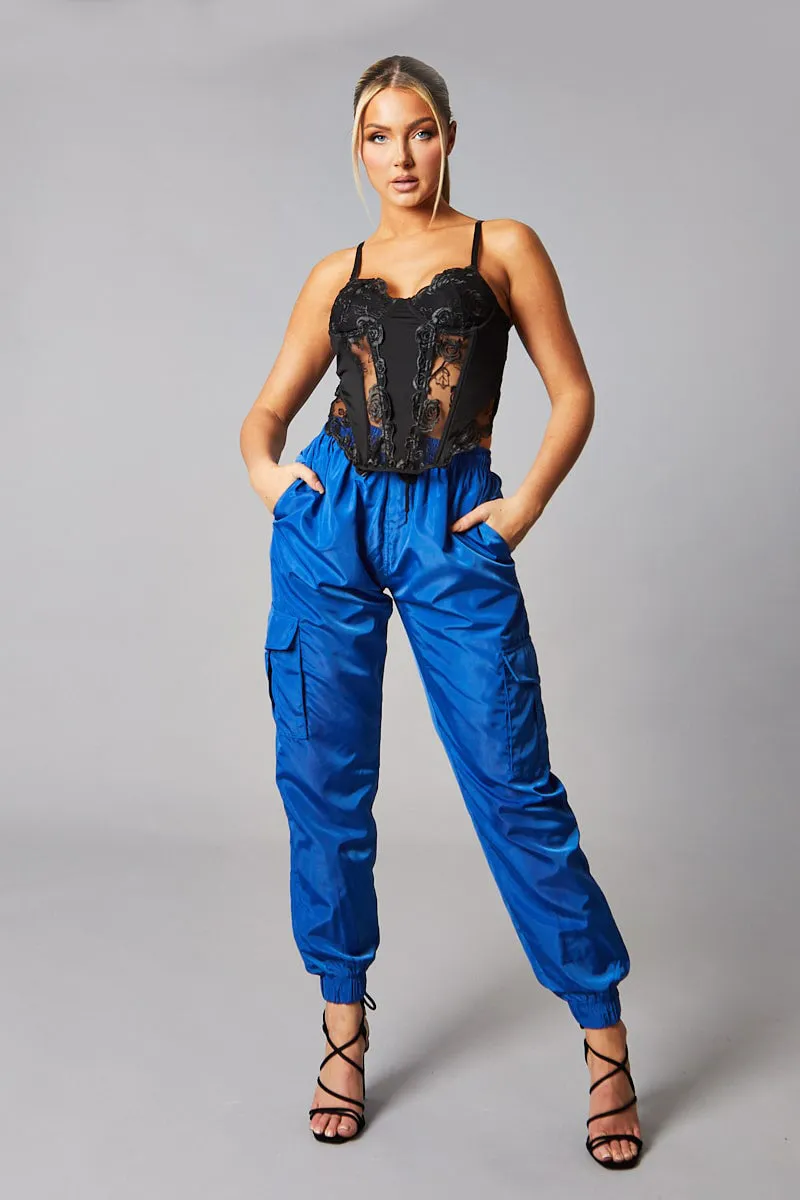 Blue Cuffed Hem Shell Cargo Joggers - Iris