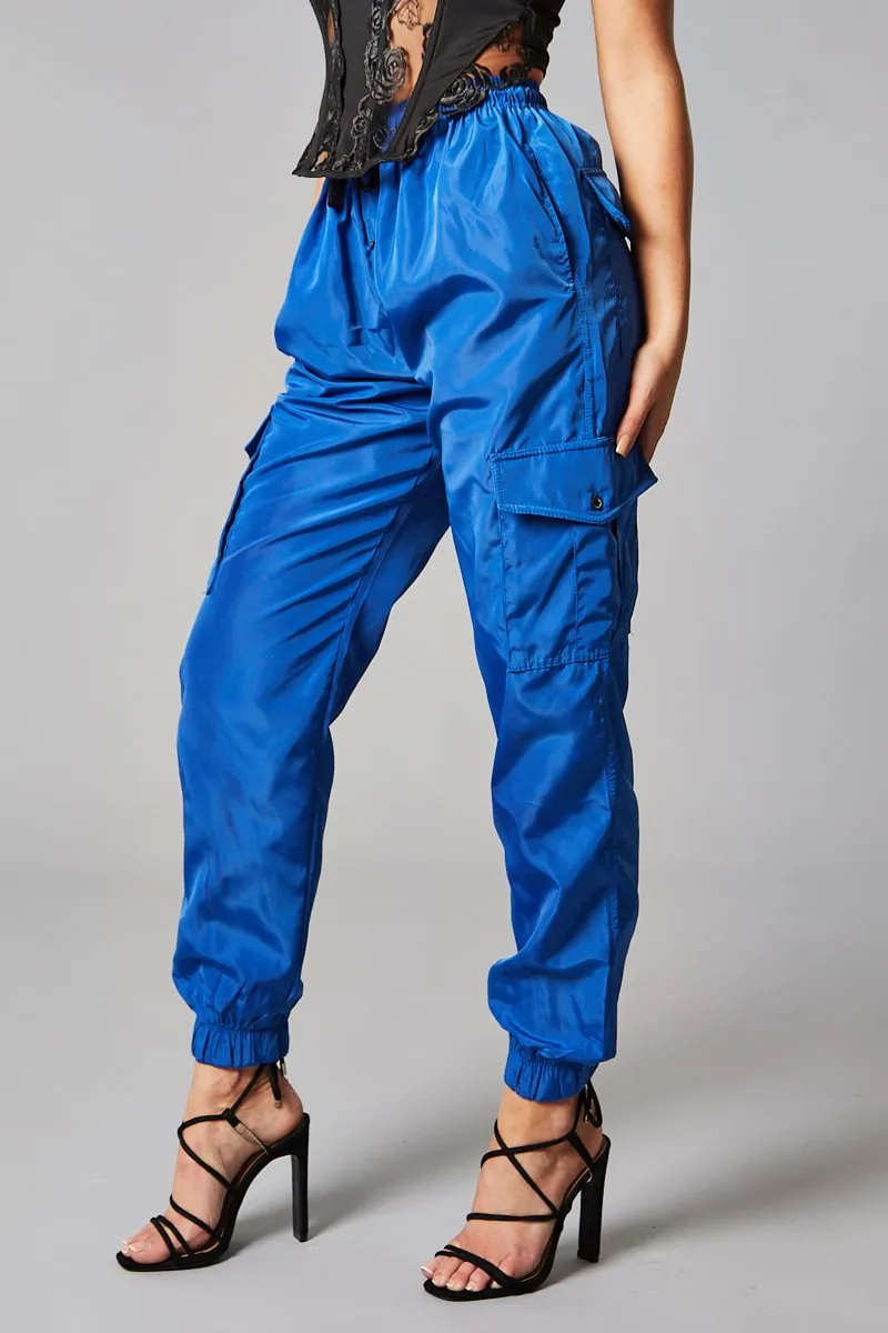 Blue Cuffed Hem Shell Cargo Joggers - Iris