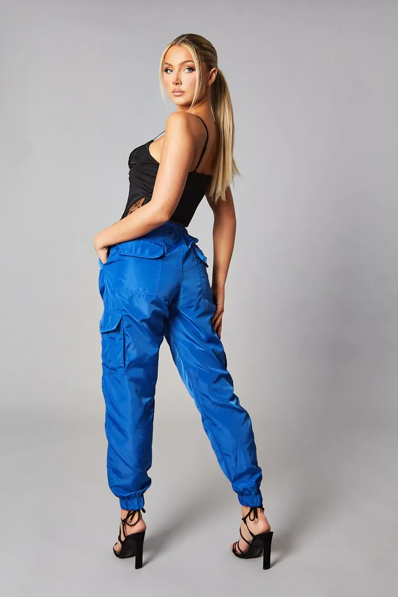 Blue Cuffed Hem Shell Cargo Joggers - Iris