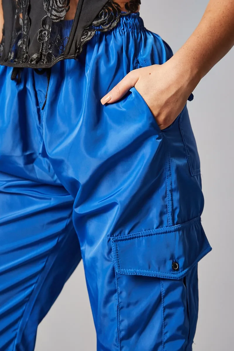 Blue Cuffed Hem Shell Cargo Joggers - Iris