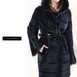 Blue Horizontal  Hooded Sheared Mink Jacket