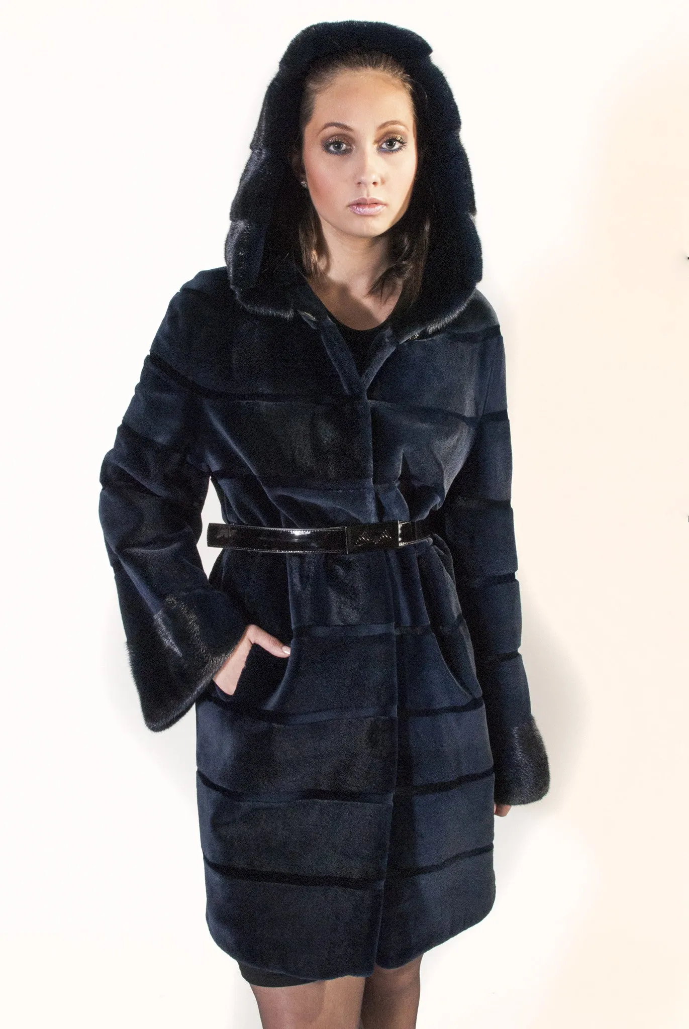 Blue Horizontal  Hooded Sheared Mink Jacket