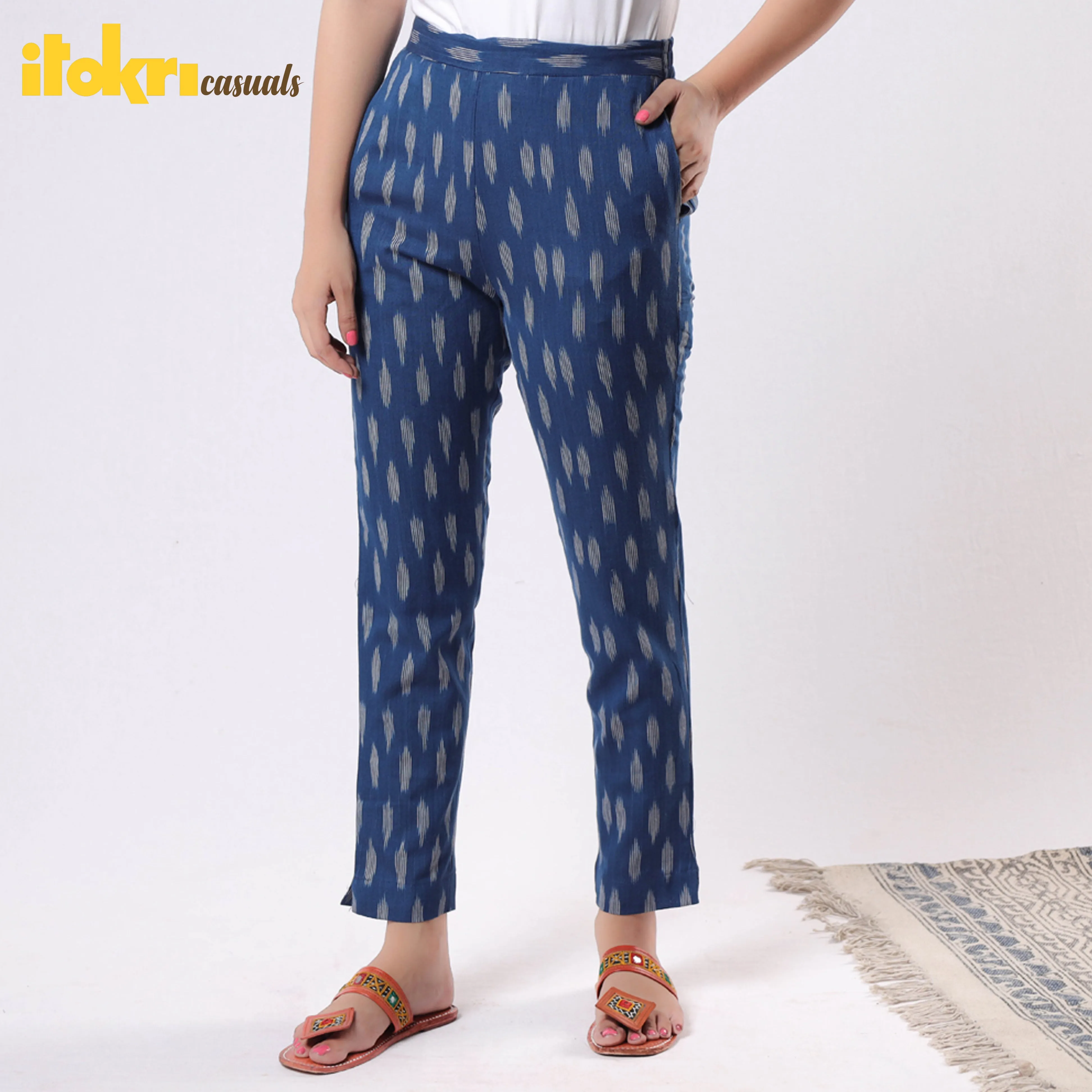 Blue - iTokri Casuals - Pochampally Ikat Cotton Tapered Casual Pant for Women