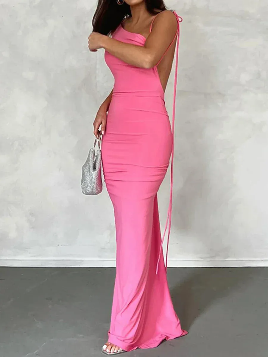 Bodycon Long Spaghetti Strap Sleeveless Backless Ruched Elegant Evening Party Maxi Casual Sexy Dress