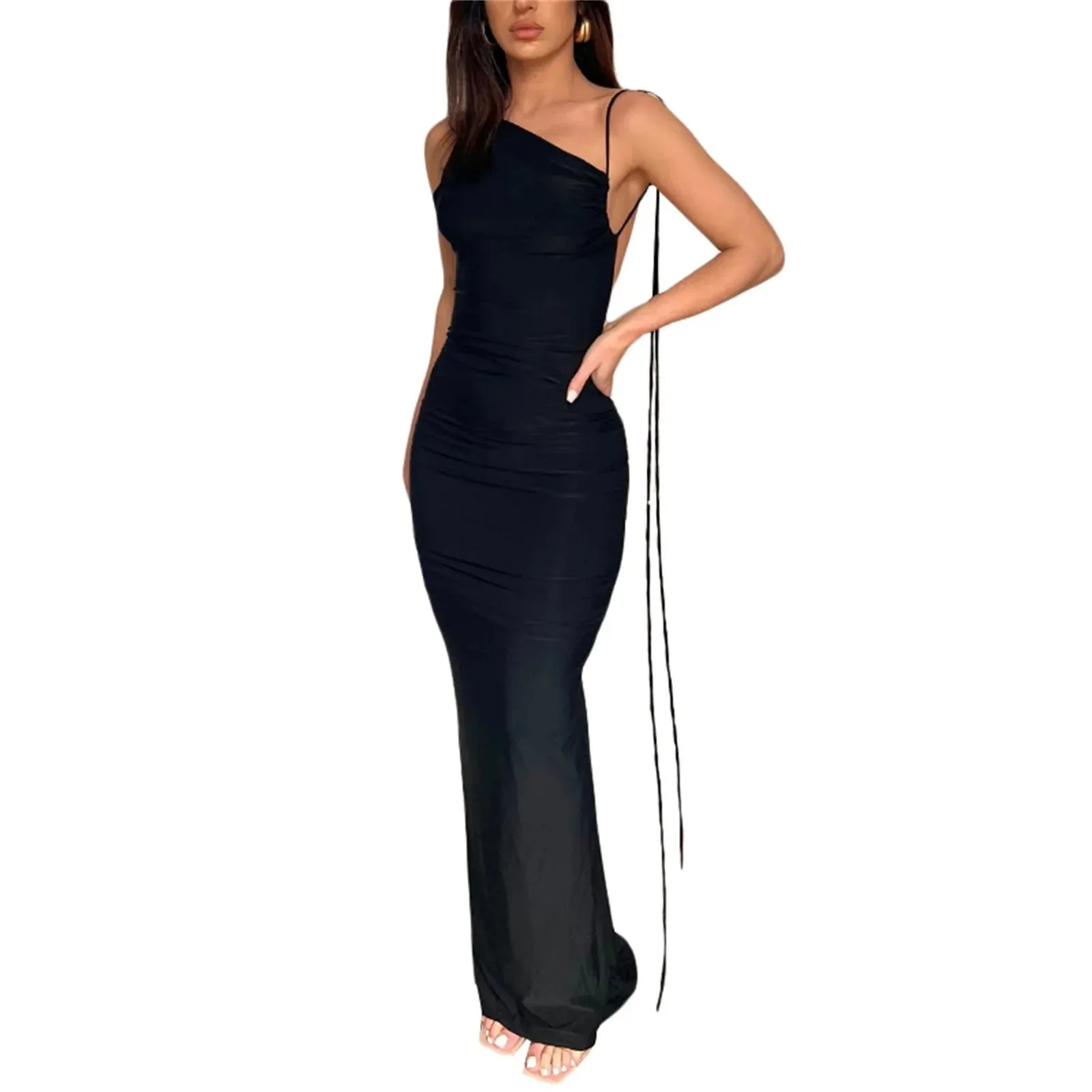 Bodycon Long Spaghetti Strap Sleeveless Backless Ruched Elegant Evening Party Maxi Casual Sexy Dress