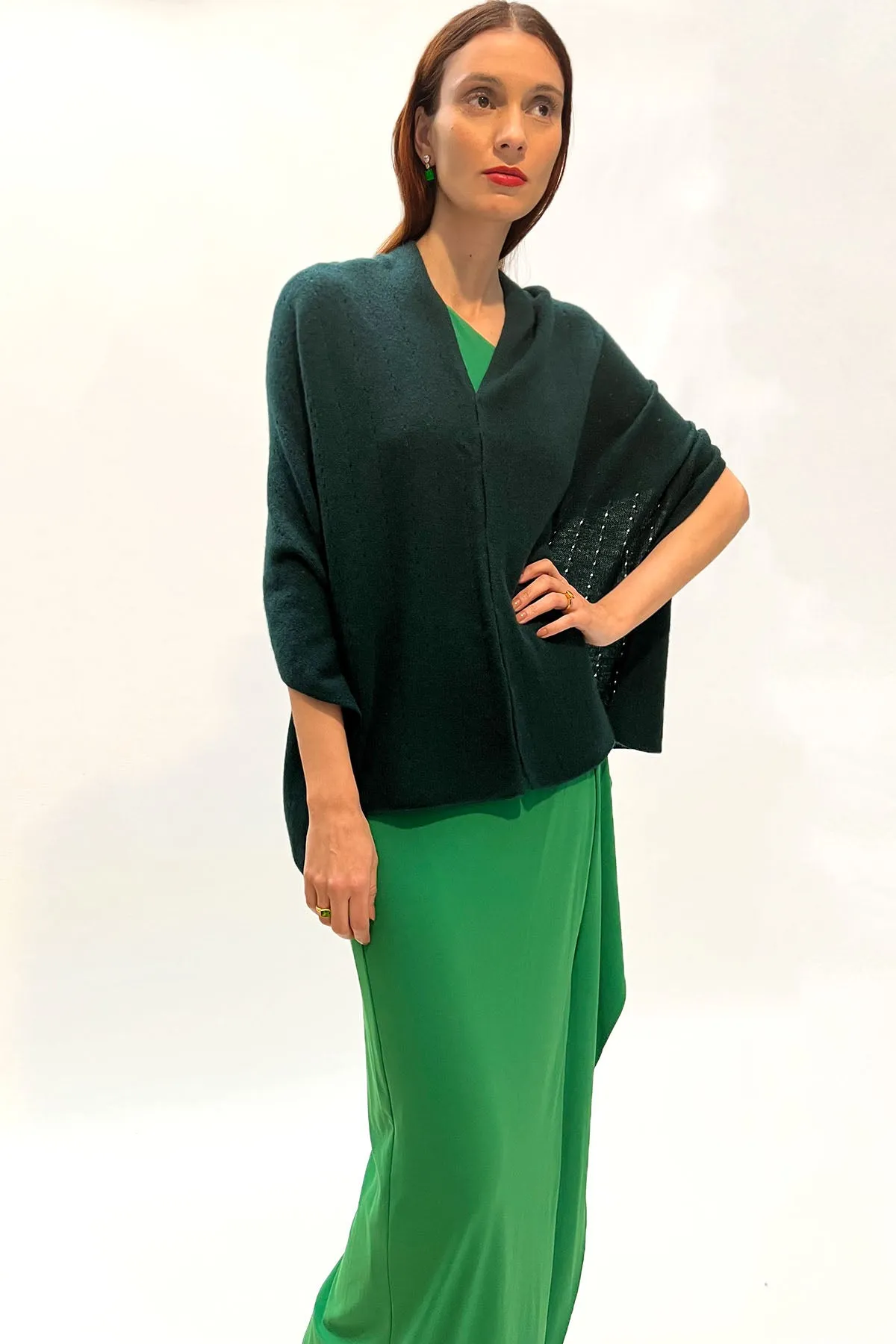 Bottle green cashmere poncho Multiway