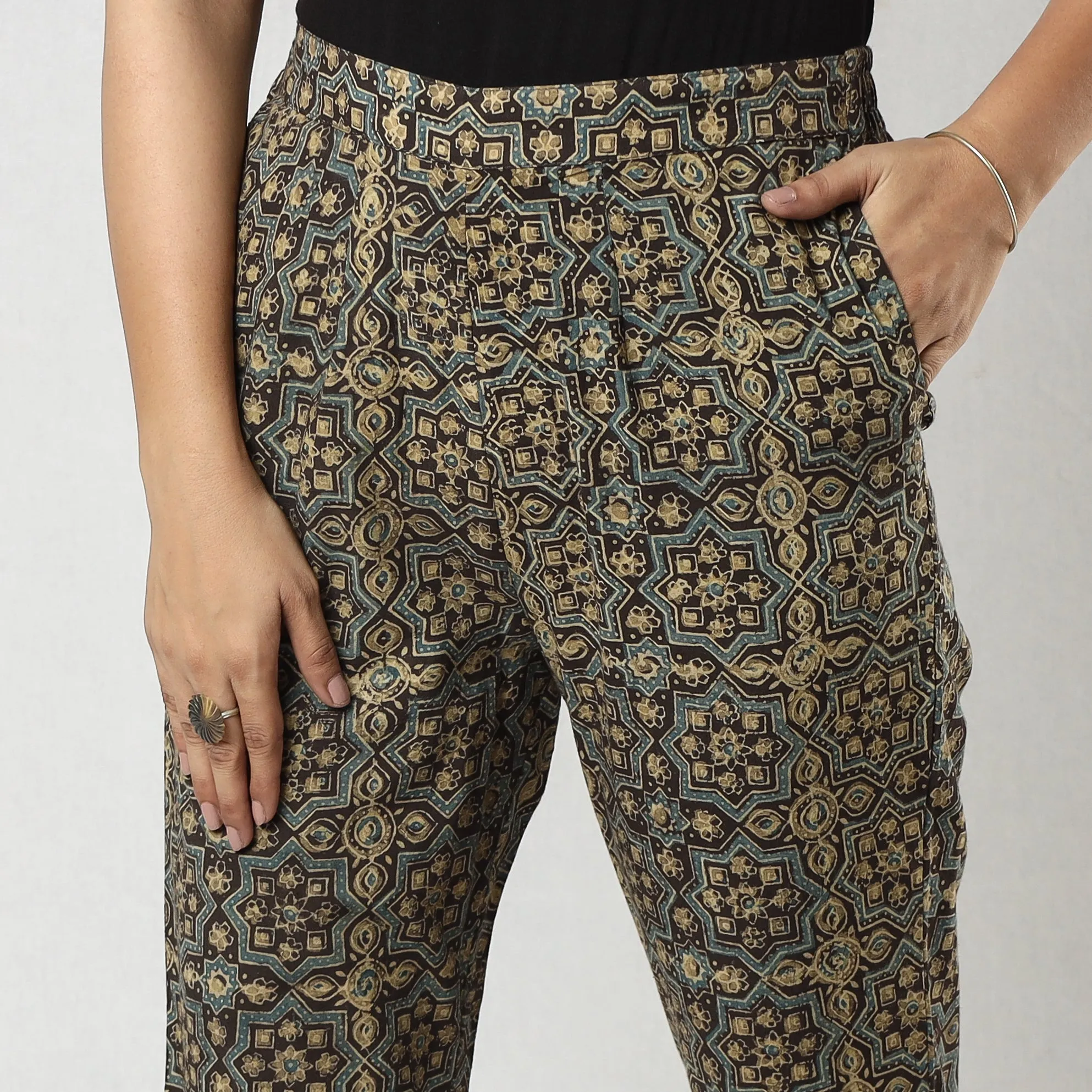 Brown Ajrakh Block Printing Cotton Tapered Casual Pant for Women