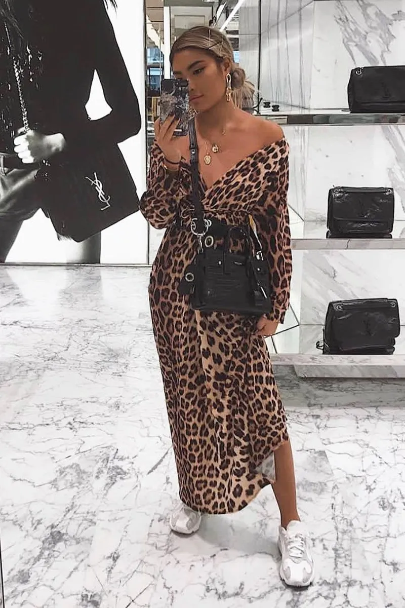 Brown Leopard Print Plunge Belted Maxi Dress - Abela