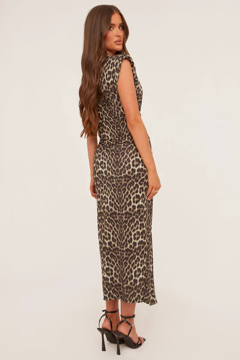 Brown Leopard Print Plunge Neck Draped Maxi Dress - Brylen