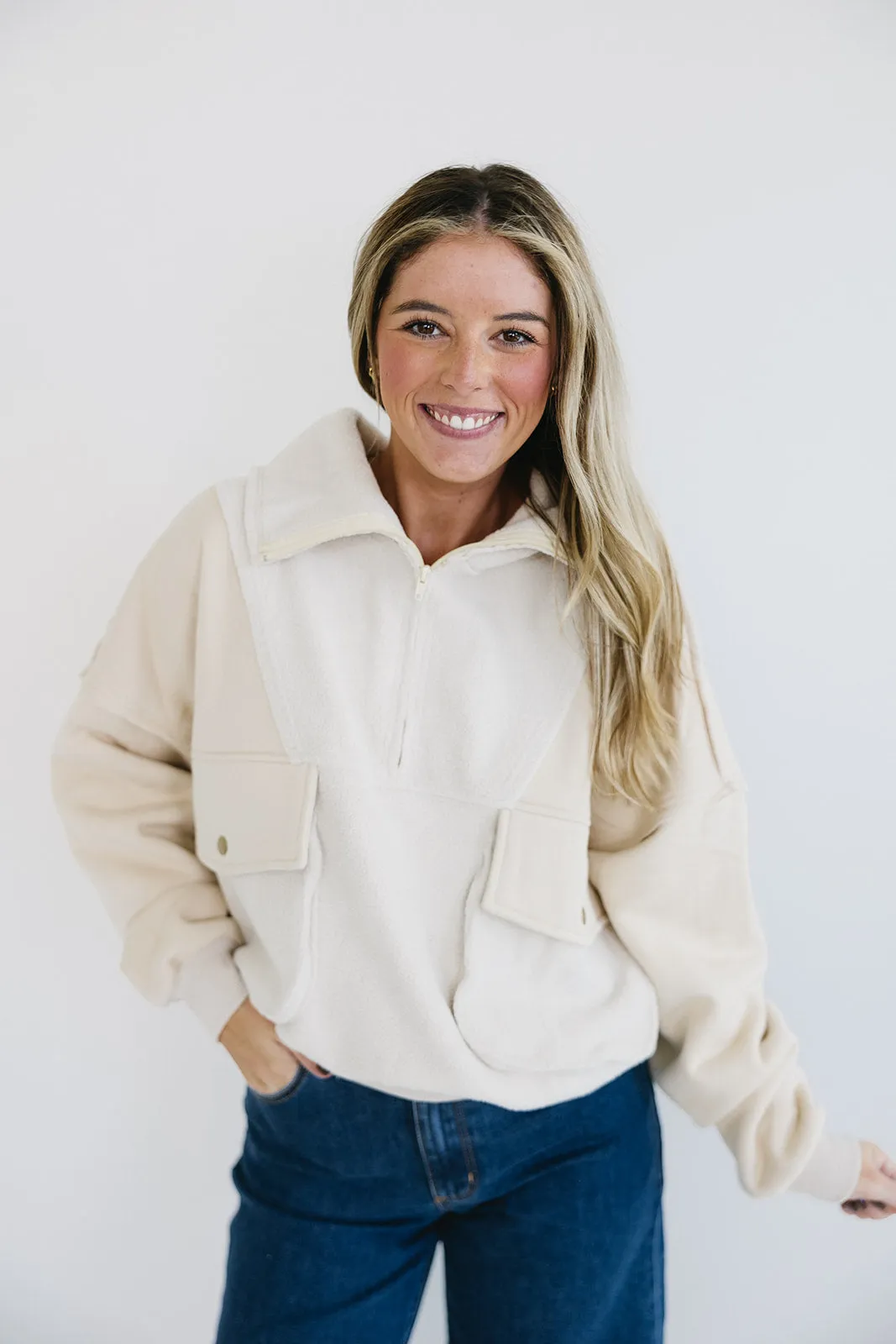 Brylane Quarter Zip Pullover - Cream