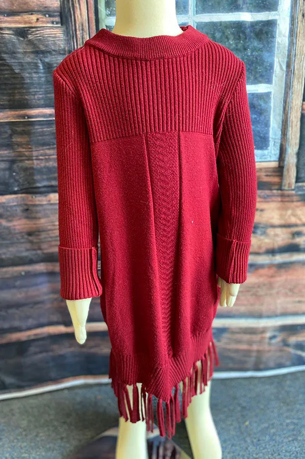 Burgundy girls knit dress w/tassels DLH2516