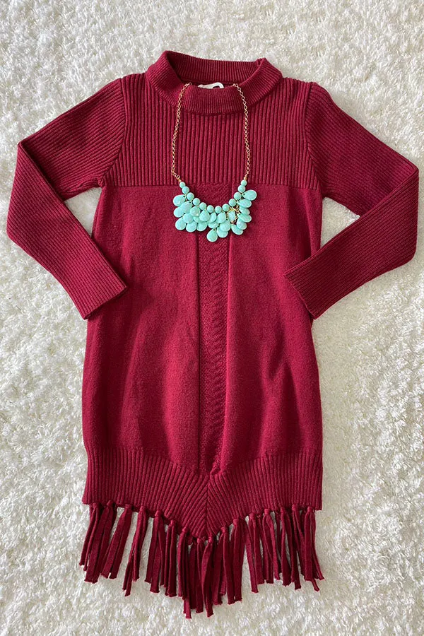 Burgundy girls knit dress w/tassels DLH2516