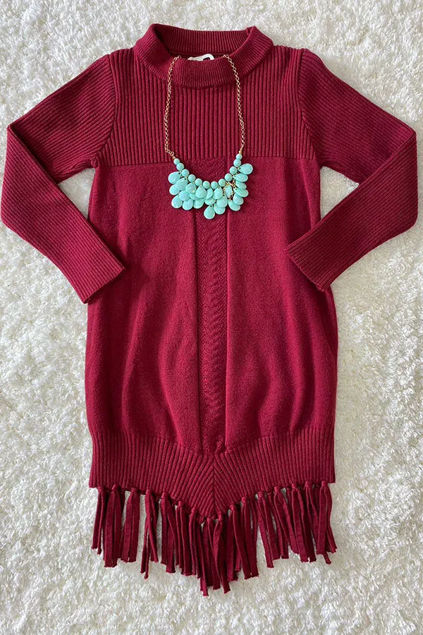 Burgundy girls knit dress w/tassels DLH2516