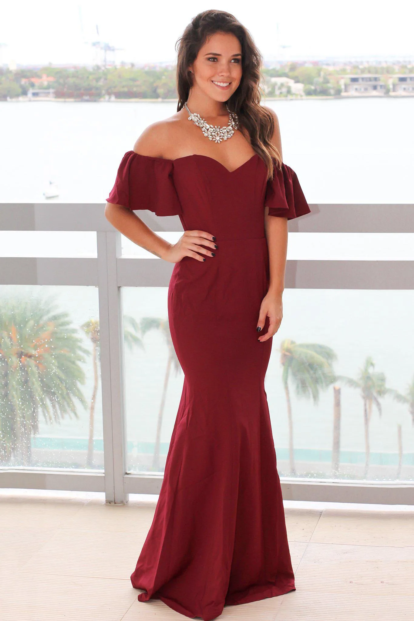 Burgundy Off Shoulder Maxi Dress with Ruffles