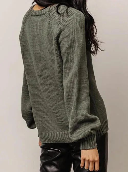 Buttoned Round Neck Long Sleeve Sweater