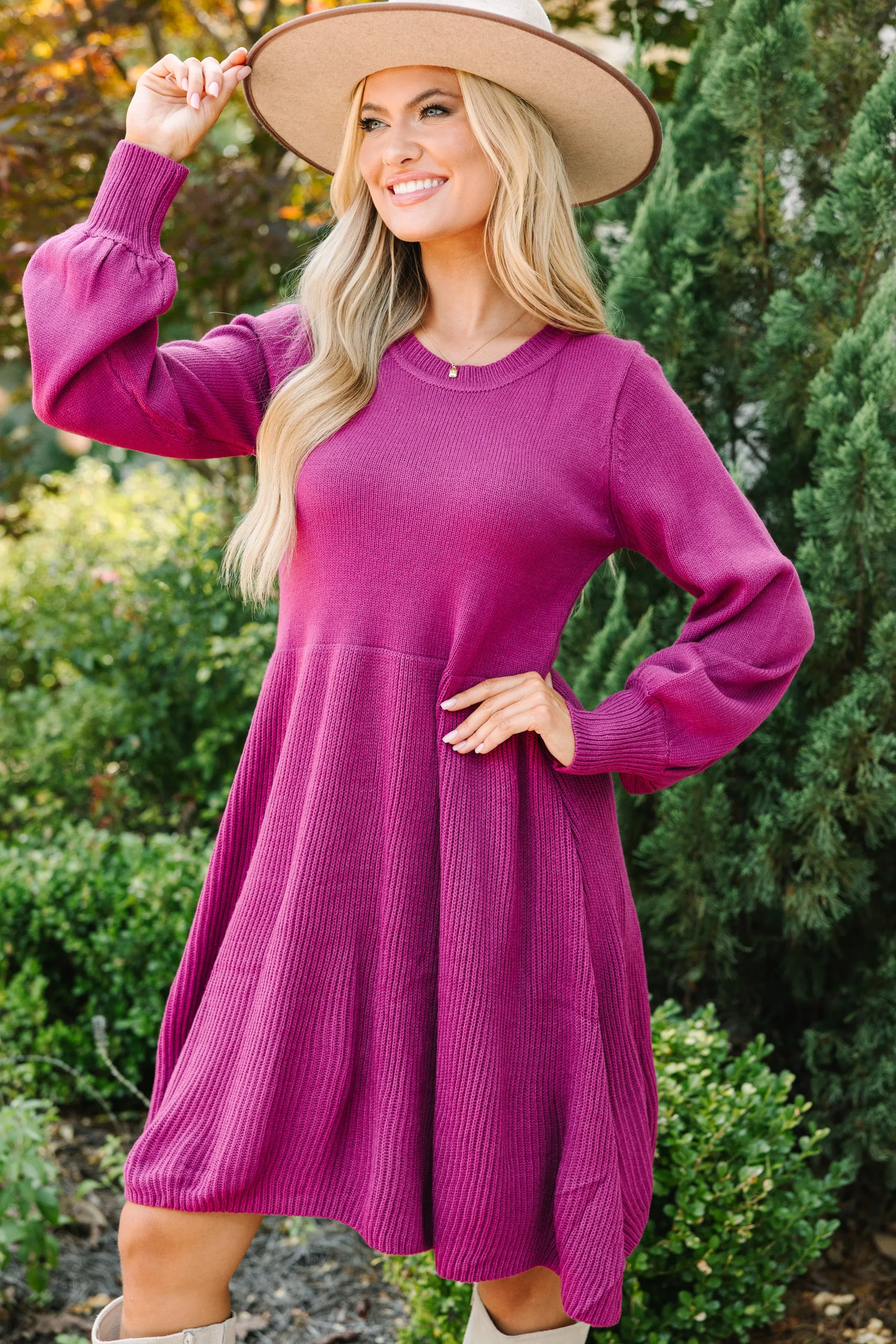 Catch Yourself Plum Purple Bubble Sleeve Sweater Dress