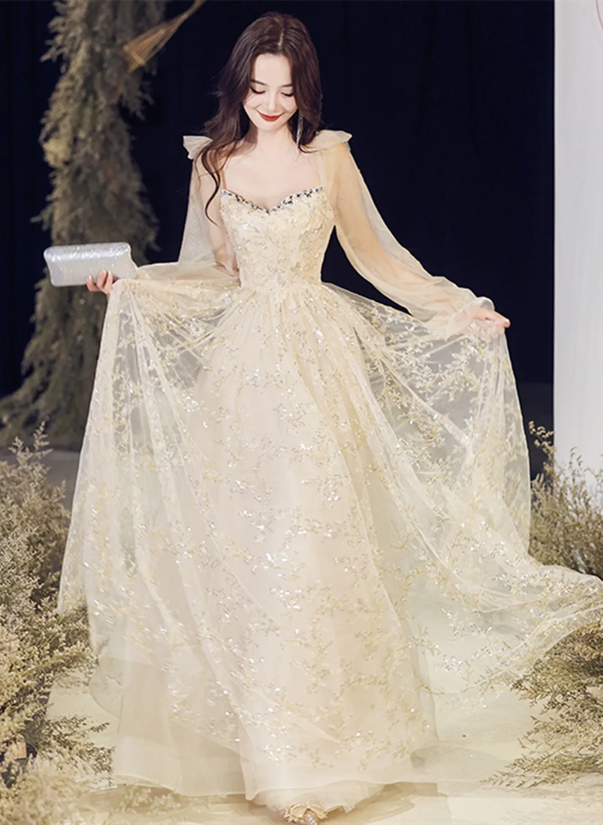 Champagne Long Sleeves Tulle Sweetheart Prom Dress, A-line Tulle Evening Dress